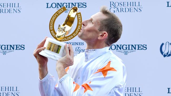 Hugh Bowman was delighted to win a Golden Slipper for Gai Waterhouse. Picture: AAP