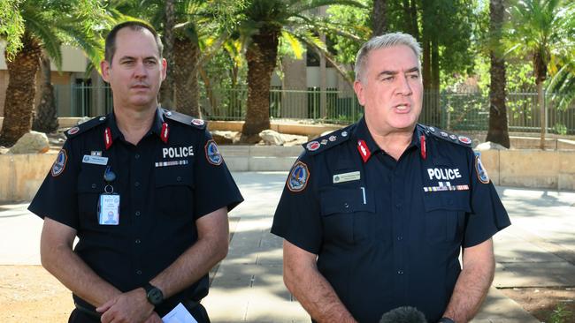 Police Commissioner Michael Murphy (right) announcing the curfew at a press conference in Alice Springs. Picture: Gera Kazakov