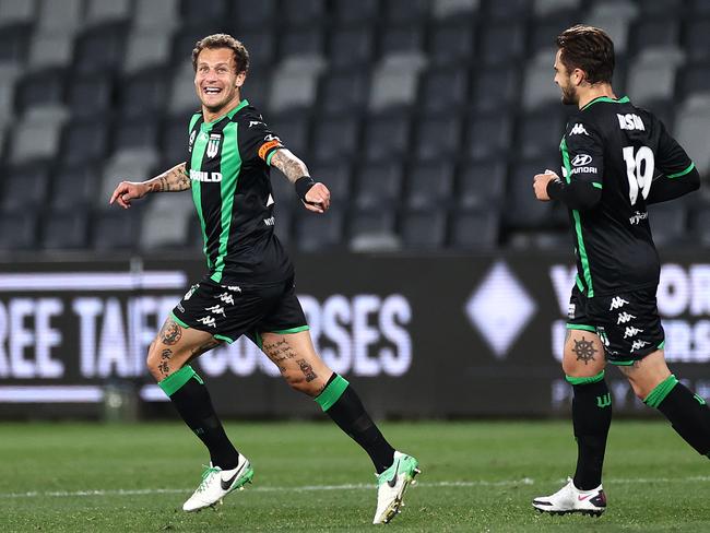 SYDNEY, AUSTRALIA - AUGUST 23: Alessandro Diamanti of Western United celebrates a goal during the A-League Elimination Final match between Western United and the Brisbane Roar at Bankwest Stadium on August 23, 2020 in Sydney, Australia. (Photo by Cameron Spencer/Getty Images)