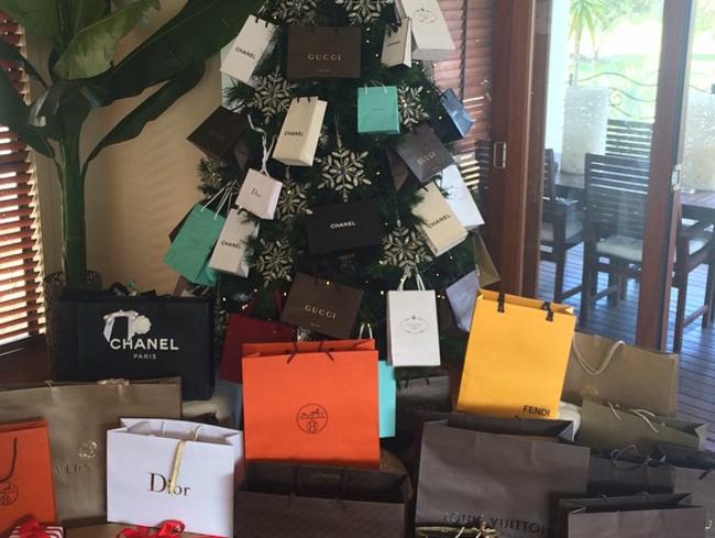 Geiorgie Woo's Christmas tree brimming with Fendi, Chanel, Gucci, Hermes, Dior, Louis Vuitton, Cartier and Tiffany &amp; Co. Source: Instagram