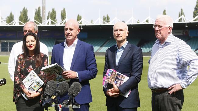 L-R Sports Minister Jane Howlett, Jim Wilkinson, Premier Peter Gutwein, Brett Godfrey, Errol Stewart at UTAS Stadium for the AFL task force announcement. Picture: PATRICK GEE