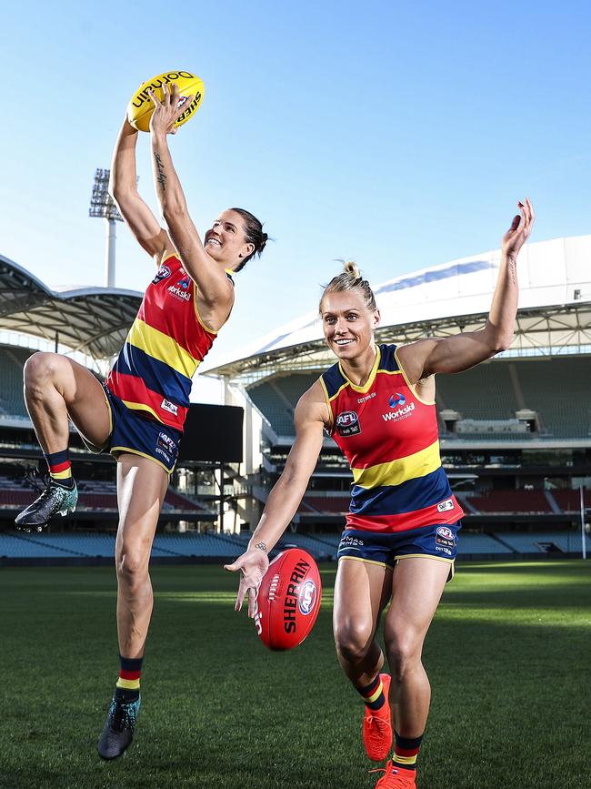 Crows co-captains Chelsea Randall and Erin Phillips at Adelaide Oval. Picture: Sarah Reed