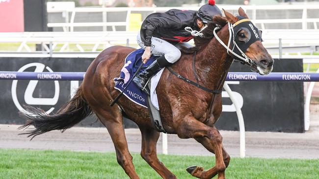 Mnementh leads all the way to win the Listed Santa Ana Lane Sprint Series Final at Flemington. Picture: Brett Holburt-Racing Photos via Getty Images