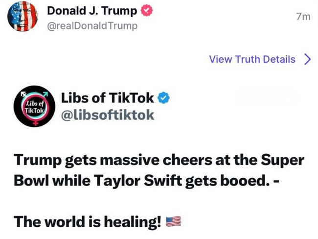 Donald Trump shares a social media post after todays Super Bowl. Trump gets massive cheers at the Super Bowl while Taylor Swift gets booed.'