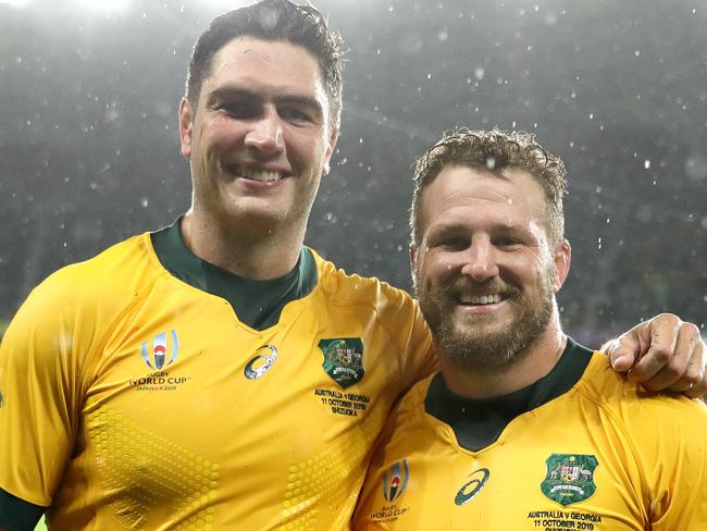 FUKUROI, JAPAN - OCTOBER 11: Rob Simmons and James Slipper of Australia pose for a photo following their sides victory after the Rugby World Cup 2019 Group D game between Australia and Georgia at Shizuoka Stadium Ecopa on October 11, 2019 in Fukuroi, Shizuoka, Japan. (Photo by Dan Mullan/Getty Images)