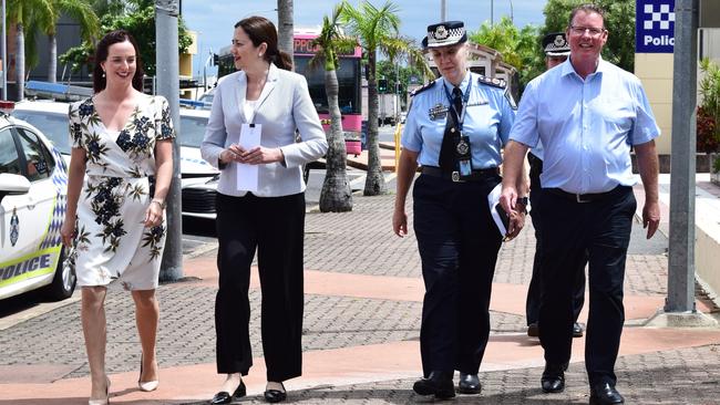 Brittany Lauga MP, Premier Annastacia Palaszczuk, Police Commissioner Katerina Carroll APM and Barry O'Rourke MP outside the Rockhampton police station.