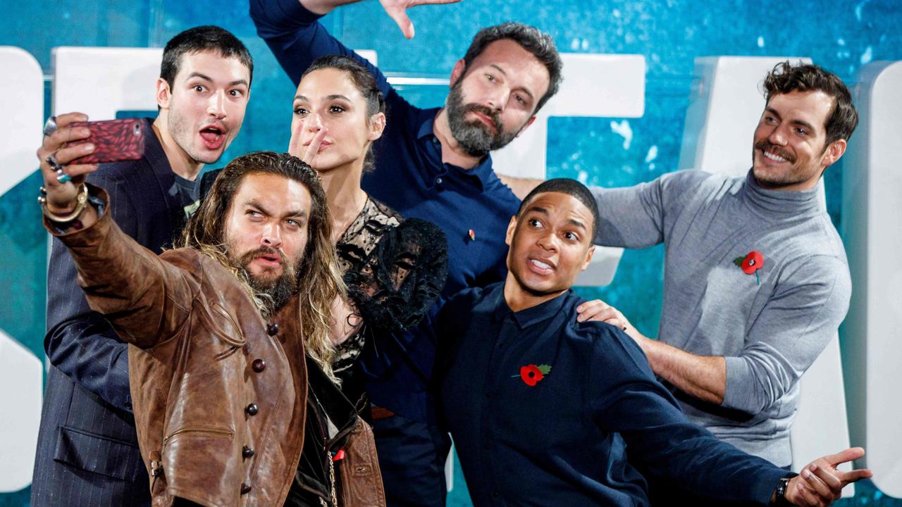 The cast of Justice League: Ezra Miller, Jason Momoa, Gal Gadot, Ben Affleck, Ray Fisher and Henry Cavill. Picture: AFP