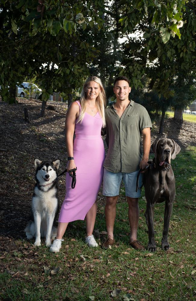 Shayna Jack and her boyfriend Joel and dogs Hugo and Willa. Picture: David Kelly