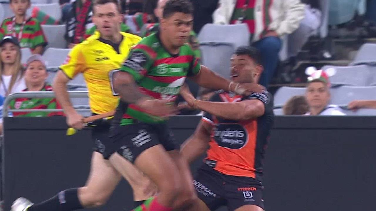 Latrell Mitchell was banned for four weeks for this hit on David Nofoaluma.