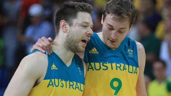 Matthew Dellavedova and Ryan Broekhoff after the Lithuania game. Picture: Alex Coppel.