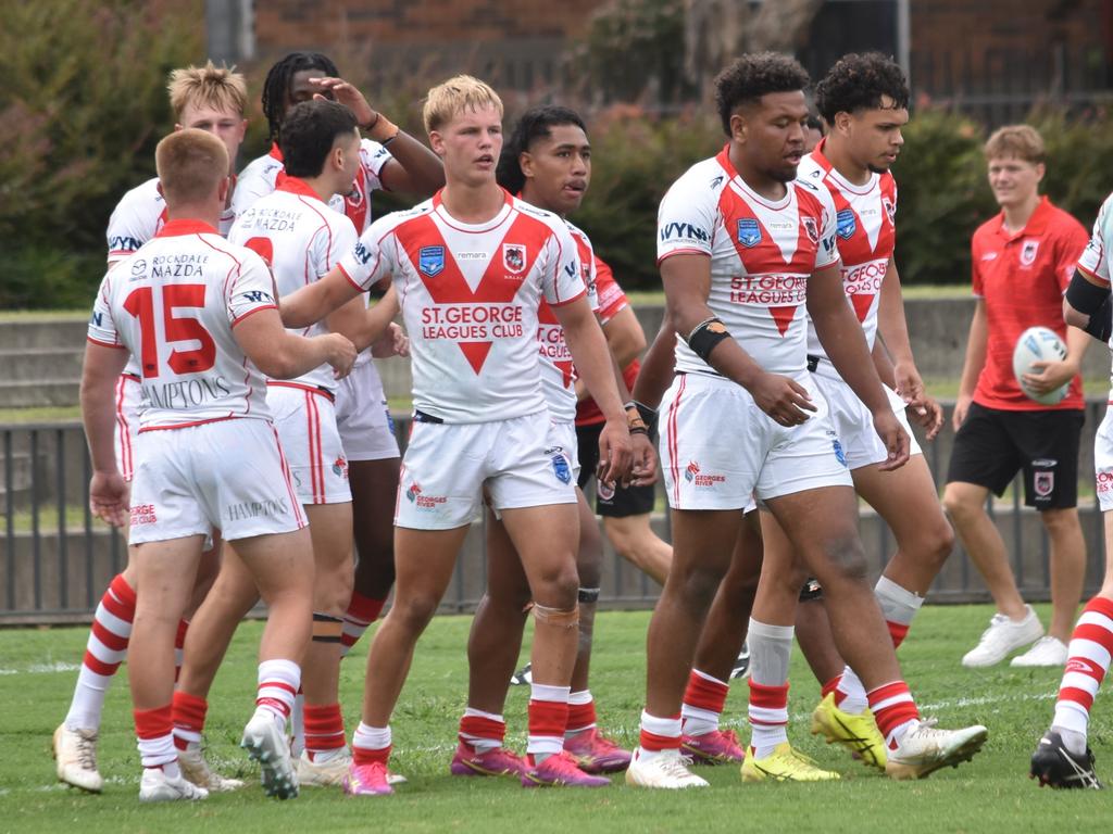 St George celebrates a try. Picture: Sean Teuma