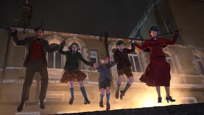 Jack (lin-Manuel Miranda), Annabel (Pixie Davies), Georgie (Joel Dawson), John (Nathanael Saleh) and Mary Poppins (Emily Blunt) in Mary Poppins Returns. Picture: Supplied 