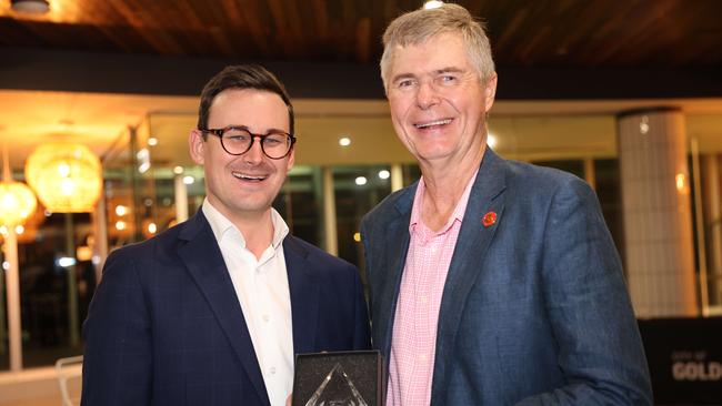 Sam OConnor and Wayne Sticher at the Gold Coast Australian of the Year Awards 2025 at Sky Point for Gold Coast at Large. Picture, Portia Large.