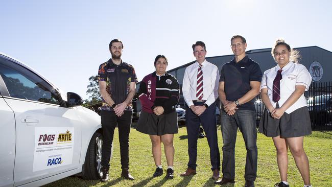 ltr Steven Page, Kerry Cohen, Andrew Peach, David Contarini and Jada Cohen pose for a photograph at Marsden High School, Wednesday June 24, 2020. The Artie Beetson Academy is celebrating its 10th anniversary at Marsden High School. (Image Sarah Marshall)