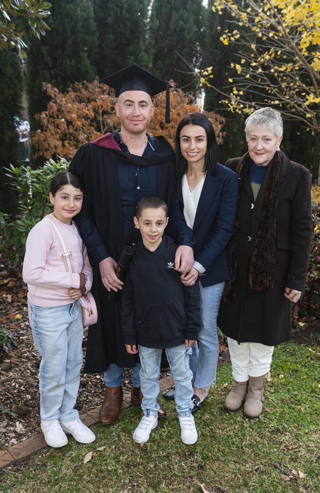 Bachelor of Engineering graduate Jason Carrozza with family (from left) Ziara, Isaac, Julianne and Hilary Carrozza at a UniSQ graduation ceremony at The Empire, Tuesday, June 25, 2024. Picture: Kevin Farmer