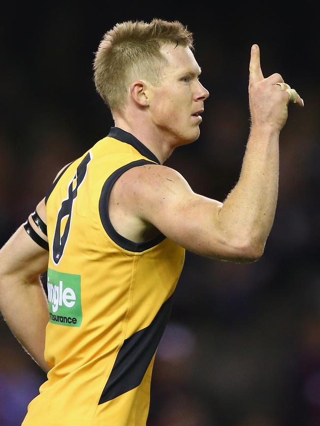 Jack Riewoldt celebrates a goal. Picture: Getty Images