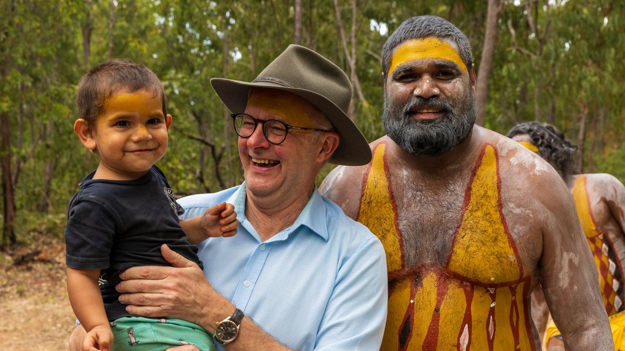 Prime Minister of Australia Anthony Albanese with Yolngu People during the Garma Festival 2022 at Gulkula on July 29, 2022 in East Arnhem, Australia. The annual Garma festival is held at Gulkula, a significant ceremonial site for the Yolngu people of northeast Arnhem Land, where Opposition Leader Peter Dutton visited this week. Photo by Tamati Smith/Getty Images