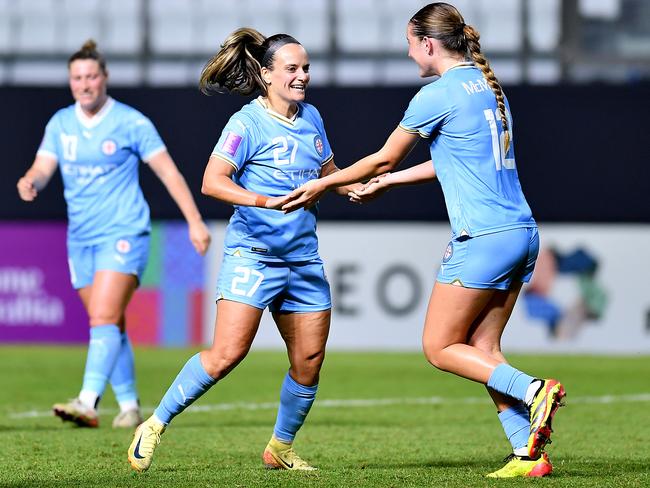 Tyla Jay Vlajnic celebrates a goal during the AFC Women's Champions League match against College of Asian Scholars in Thailand. Picture: Apinya Rittipo/Getty Images