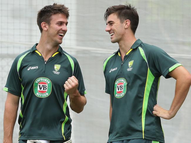 Mitchell Marsh and Pat Cummins at Australian training. Pic Tait Schmaal.