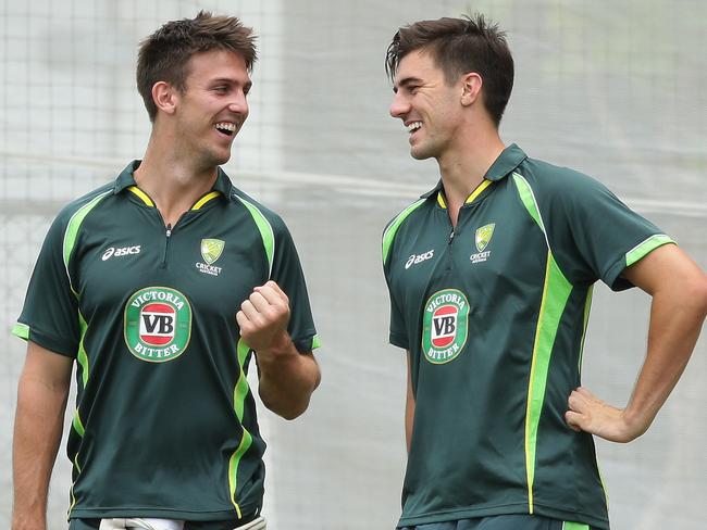 Mitchell Marsh and Pat Cummins at Australian training. Pic Tait Schmaal.