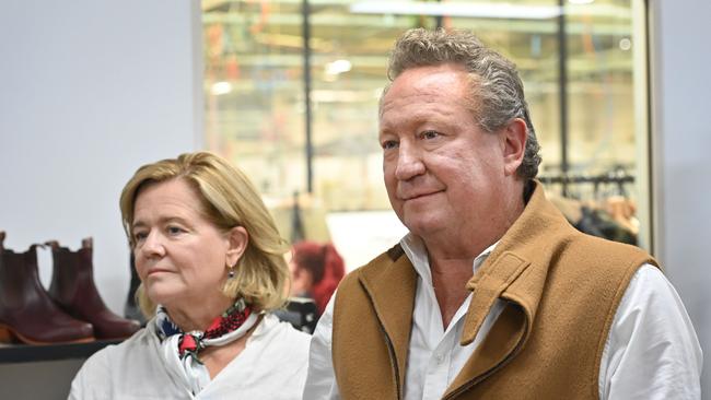 Nicola and Andrew Forrest touring the RM Williams manufacturing floor in Salisbury recently.