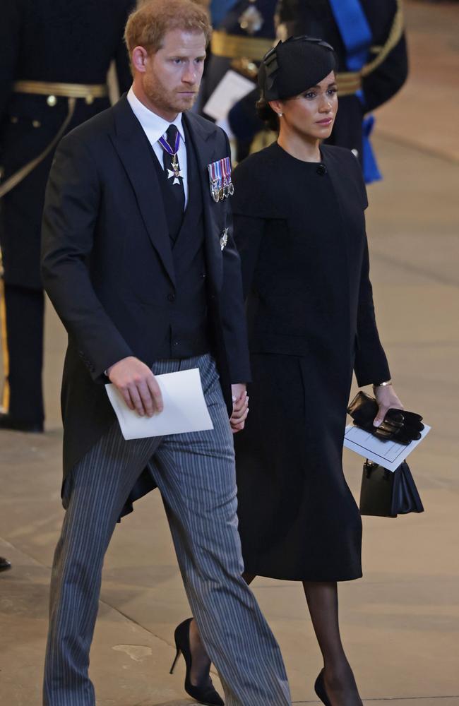 Meghan and Harry put on a united front as they mourned the Queen. Picture: Getty Images.