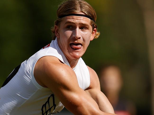 MELBOURNE, AUSTRALIA - FEBRUARY 17: Edward Allan of the Magpies in action during the Collingwood Magpies Intra-Club match at Olympic Park Oval on February 17, 2023 in Melbourne, Australia. (Photo by Michael Willson/AFL Photos via Getty Images)