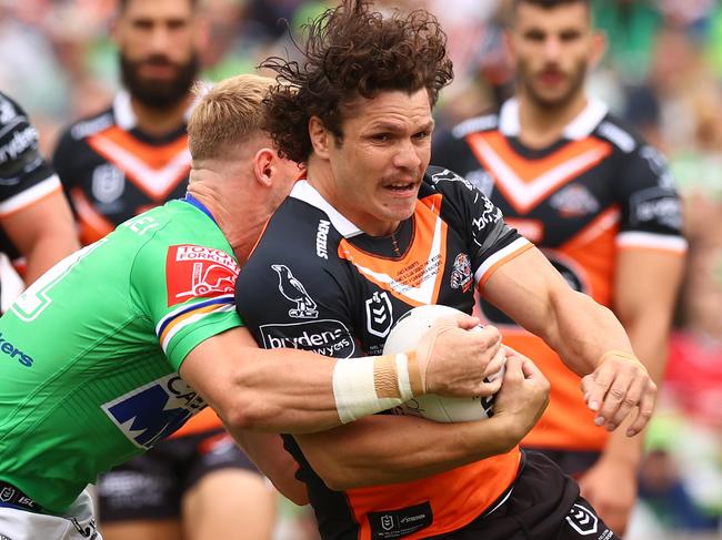 CANBERRA, AUSTRALIA - MARCH 14: James Roberts of the Tigers in action during the round one NRL match between the Canberra Raiders and the Wests Tigers at GIO Stadium, on March 14, 2021, in Canberra, Australia. (Photo by Mark Nolan/Getty Images)