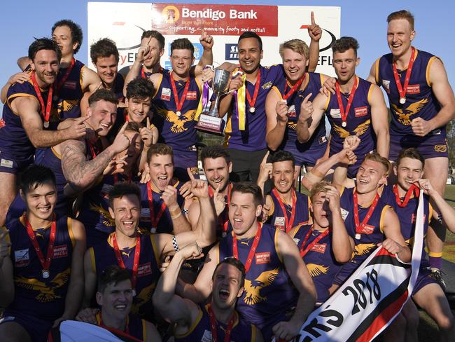 Vermont players celebrate last season’s premiership triumph. The Eagles will start their 2019 campaign against Norwood. Picture: Andy Brownbill