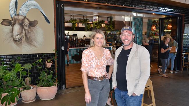 Mel Crawford and Don Peel outside The Spirited Goat Cafe and Bar at Otto's Market Precinct in Idalia.