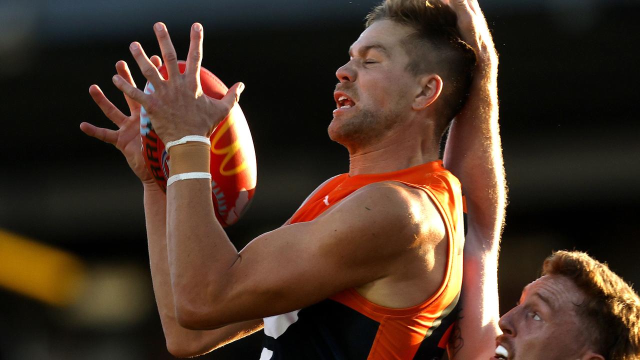 Harry Himmelberg had a huge impact at both ends of the ground in the dying moments of GWS’ two-point win over Hawthorn. Picture: Phil Hillyard