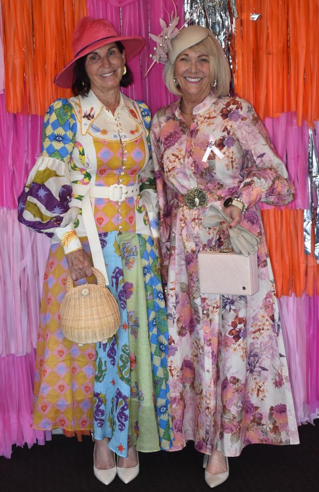Rhonda Watts and Debbie Lodwick at the Rockhampton Jockey Club's Pink Ribbon Stradbroke Charity Race Day at Callaghan Park on June 15, 2024.