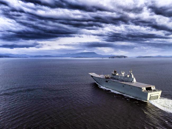 Australia has been ‘showing the flag’ in the Indo-Pacific, sending its new helicopter carrying assault ships on visits as a demonstration of its military — and disaster relief — capacity. Picture: Defence.