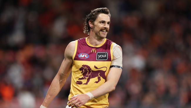 SYDNEY, AUSTRALIA - SEPTEMBER 14:  Joe Daniher of the Lions celebrates kicking his last goal during the AFL First Semi Final match between GWS Giants and Brisbane Lions at ENGIE Stadium, on September 14, 2024, in Sydney, Australia. (Photo by Matt King/AFL Photos/via Getty Images)