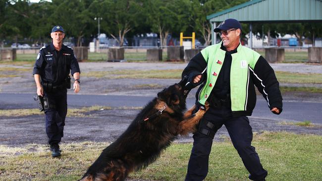 Sergeant Dave Raymond watches his dog Axel arrest Senior Constable Dan Fysh. PICTURE: BRENDAN RADKE