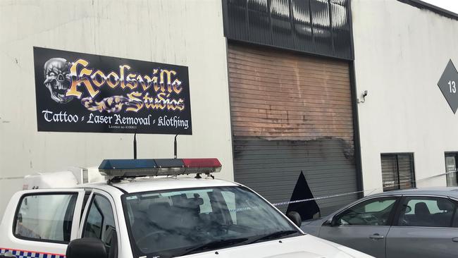 Police are investigating Koolsville Studios tattoo shop in North Brisbane after it was allegedly firebombed last night. Picture: Chris Clarke.