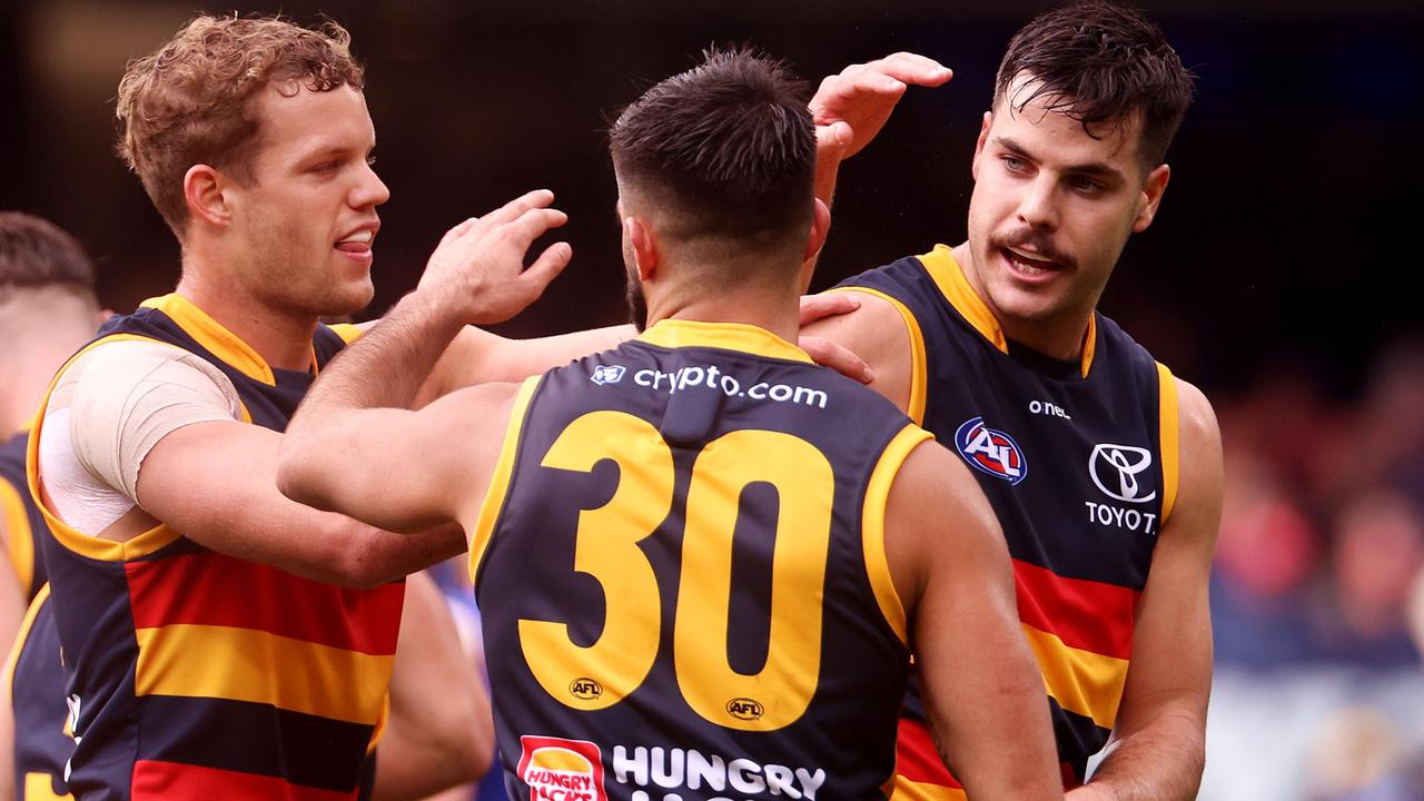 Darcy Fogarty celebrates a goal against the Eagles at the Adelaide Oval. Picture: AFL Photos via Getty Images