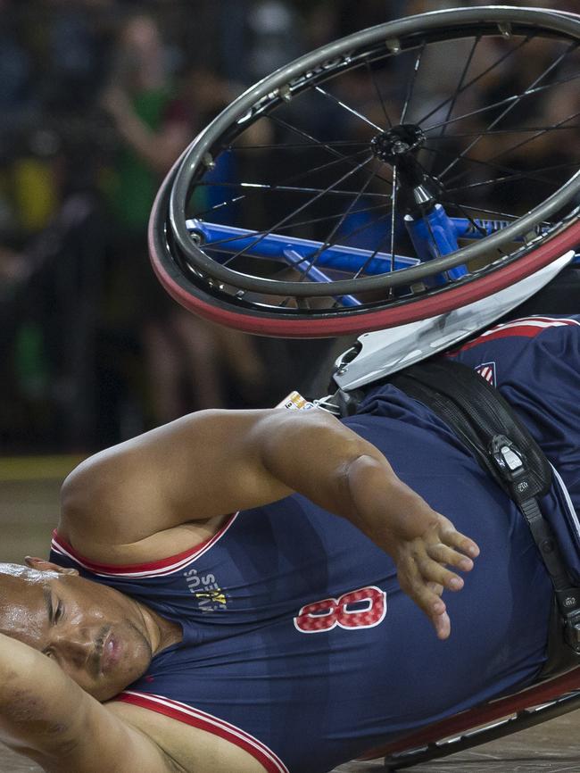 Brian Anthony Williams of the USA goes over. Picture: AAP Image/Craig Golding