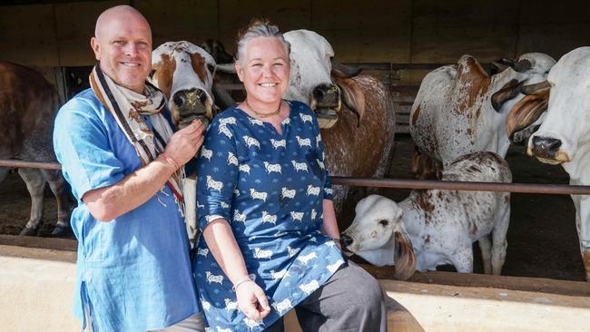 Hare Krishna Valley farmers Atulya and Keshava Jenkins at Bambra. Picture: Rachel Simmonds