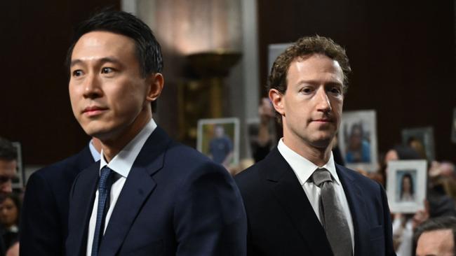 (L-R) Shou Zi Chew, CEO of TikTok and Mark Zuckerberg, CEO of Meta, arrive to testify before a US Senate Judiciary Committee. Picture: AFP.