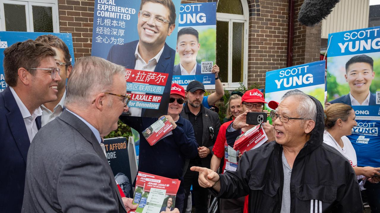 Anthony Albanese dropped into an early voting booth in Eastwood in the Sydney electorate of Bennelong with Labor MP Jerome Laxale (left). Picture: Jason Edwards / NewsWire