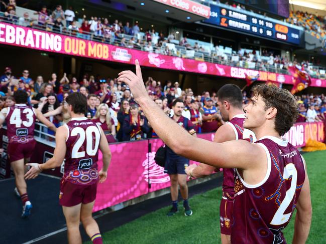 Deven Robertson (right) has kept his spot in Brisbane’s team. Picture: Chris Hyde/AFL Photos/via Getty Images