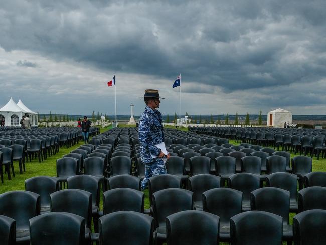 Numbers are down for the Anzac Day service in Villers Bretonneux as fear keeps visitors away. Picture: Alastair Miller