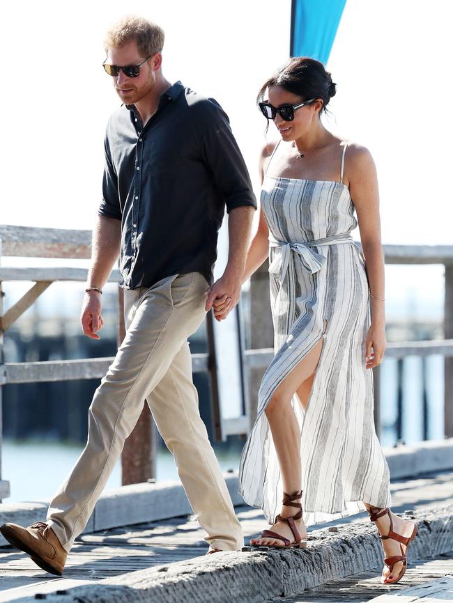 Harry and Meghan at Kingfisher Bay Pier on Fraser Island. Picture: Liam Kidston