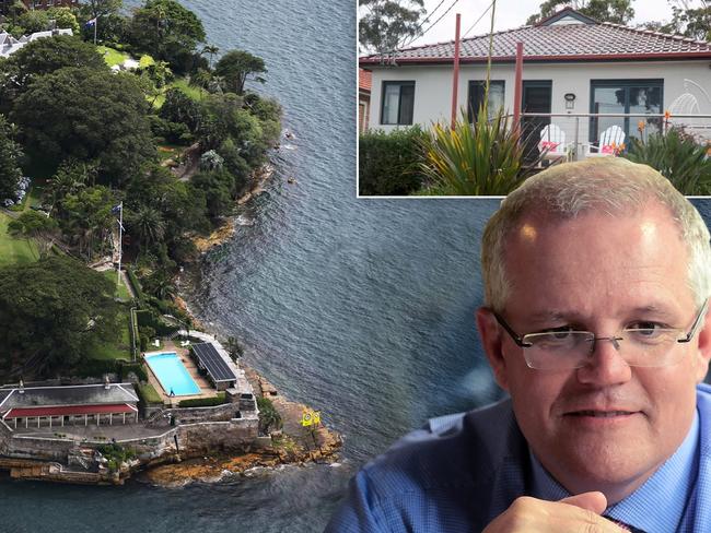 Extra security measures are set to force new PM Scott Morrison of out his Shire home (inset) and into Kirribilli House, set next to the bigger Admiralty House at a prime harbourside location, or The Lodge in Canberra.