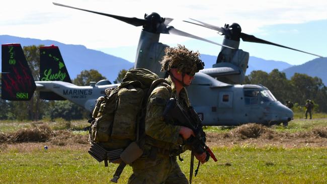 A United States Marine Corps V-22 Osprey tiltrotor aircraft landing at Ingham Aerodrome during the North Queensland Warfighter Exercise in Hinchinbrook, North Queensland. Picture: Cameron Bates