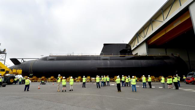 Collins-class submarine HMAS Farncomb is rolled out from an ASC maintenance shed. Picture: Tricia Watkinson.