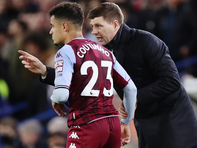 Steven Gerrard gives instructions to Philippe Coutinho during a Premier League match between Leeds United and Aston Villa at Elland Road this month. Picture: George Wood/Getty Images