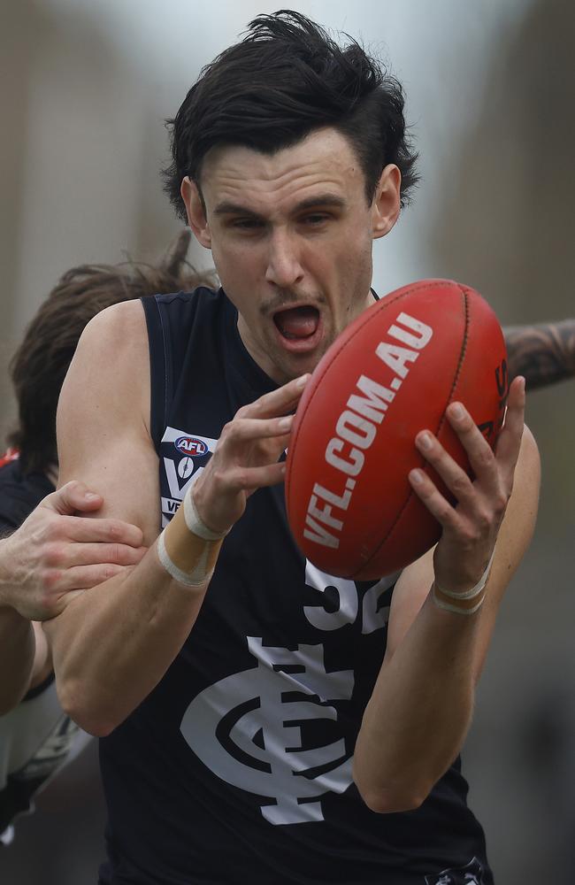 Pie to Blue: Liam McMahon is hunting another AFL chance. Picture: Daniel Pockett/AFL Photos/via Getty Images