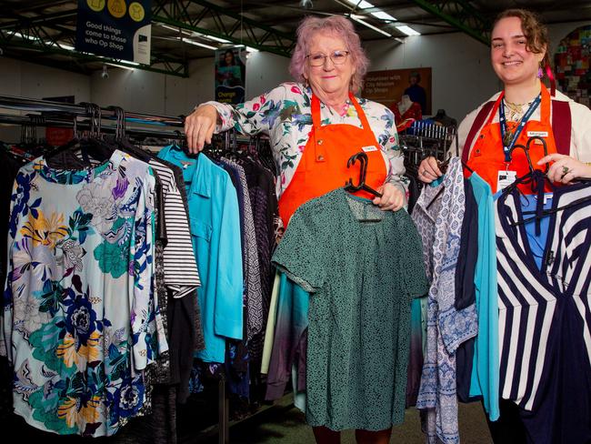 OpShop volunteers Tracey Pell and Morgan Phillips with items for sale at the Hobart City mission Op Shop in Moonah.Picture: Linda Higginson